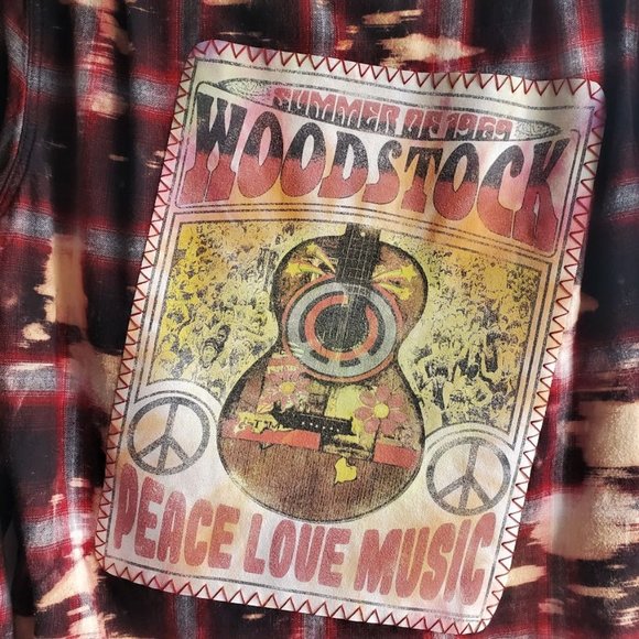 Upcycled Distressed Flannel Shirt WOODSTOCK Piece Love Music Graphic Tee Back - Picture 3 of 5
